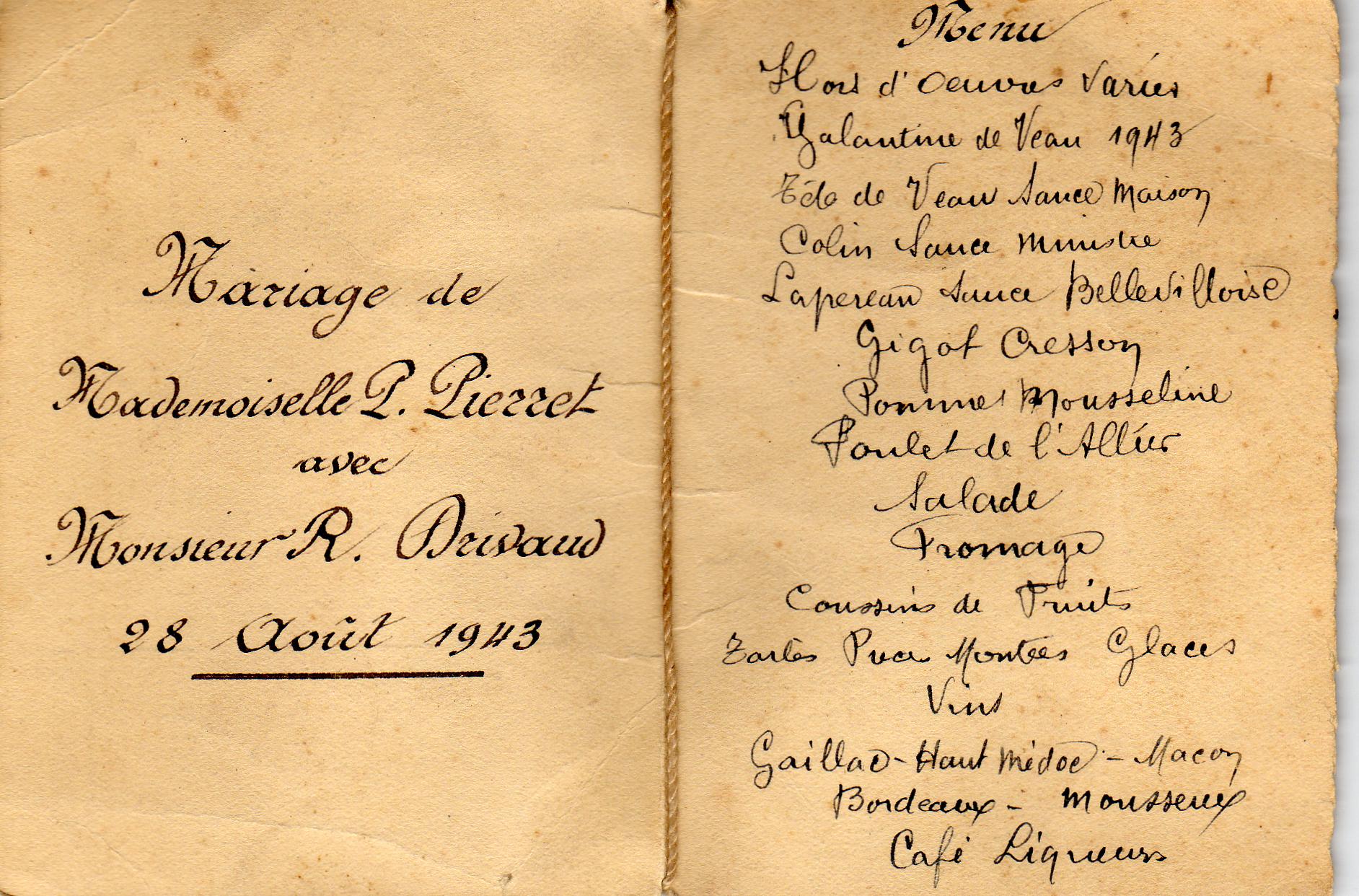Menu Mariage 1942